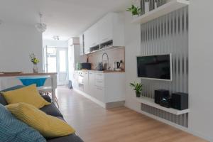 萨格勒布Apartman Zagreb Maksimir的客厅配有沙发和墙上的电视