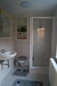 卡劳特格瑞斯赫Ferienhaus Fischer的带淋浴、盥洗盆和卫生间的浴室