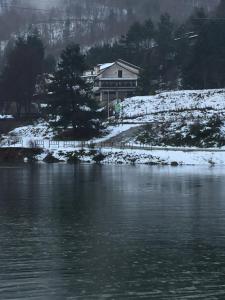 Cotroneihotel lo sciatore的一座位于湖旁的雪覆盖山丘上的房屋