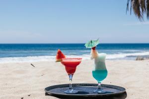 卡诺阿斯德蓬萨尔Baja Canoas Hotel的海滩托盘上的2杯鸡尾酒