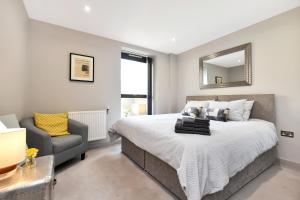 伦敦Esquire Apartments Ealing的一间卧室配有一张床、一把椅子和镜子