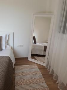 科孚镇Apartment Laoura的一间带镜子、一张床和地毯的卧室