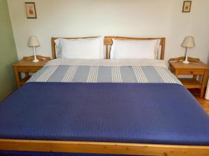 卡尔多纳佐Appartamento Guccio的一张蓝色的大床,两台桌子上放着两盏灯