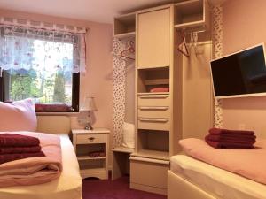 霍佩加尔滕Ferienwohnung Baer的一间卧室设有两张床,衣柜里设有一台电视。