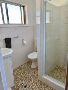 吉尔甘德拉吉尔甘德拉汽车旅馆的一间带卫生间和玻璃淋浴间的浴室