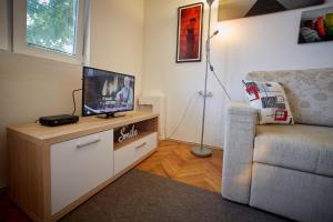 图兹拉Central Tuzla apt - free parking的客厅配有电视和椅子