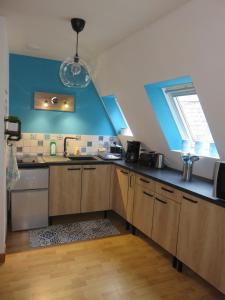 图阿尔Grand appartement chaleureux的厨房设有水槽和蓝色的墙壁