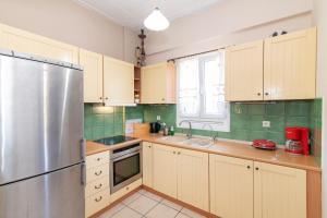 帕诺尔莫斯Villa Leiland的厨房配有木制橱柜和不锈钢冰箱。