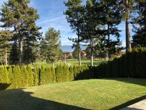 班斯科Pirin Golf and Spa Luxury Chalet的花园,有树 ⁇ ,树木和草地