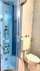 百乐·奥拉内斯蒂Vila Nicoleta的一间带卫生间和玻璃淋浴间的浴室