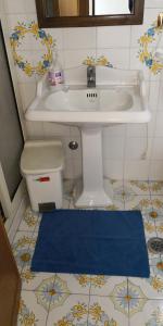庞贝Villaggio "Camping Pompei"的一间带水槽和蓝色地毯的浴室
