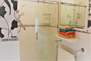 米尔顿凯恩斯Telford House的带淋浴的浴室,浴室设有玻璃淋浴间,位于后门
