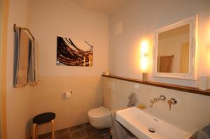 弗思Landhaus-furth8的一间带水槽、卫生间和镜子的浴室