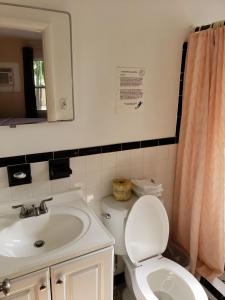马拉松午休汽车旅馆的一间带卫生间、水槽和镜子的浴室