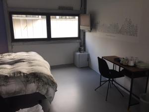 阿姆斯特丹Reiwa的一间卧室配有一张床、一张书桌和一个窗户。