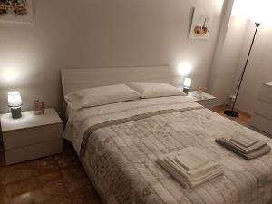 卡萨莱蒙费拉托L'airone apartment的一间卧室配有一张床,上面有两条毛巾
