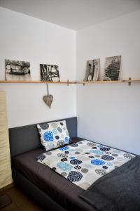 托考伊Borálom Stúdió Apartman Tokaj的墙上一些照片的房间里一张床位
