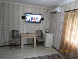 赫梅利尼茨基Salus的客厅配有桌子和墙上的电视