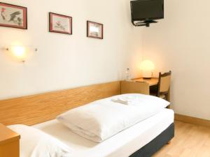 杜塞尔多夫月亮酒店的一间卧室配有一张床、一张书桌和一台电视