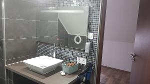 巴拉顿菲赖德Sunrise Apartmanház的一间带水槽和镜子的浴室