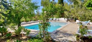 圣米克尔德巴兰Can Iara的庭院内的游泳池,带椅子和树木