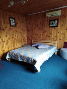 切尔尼戈夫Hostel Hola的卧室配有木墙内的一张床