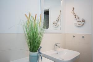 奥斯赛拜-塞林Ferienwohnung Küstenflair的花瓶里带水槽和植物的浴室
