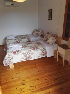 皮特斯迪亚Villa Leonidas的一间卧室设有两张床,铺有木地板