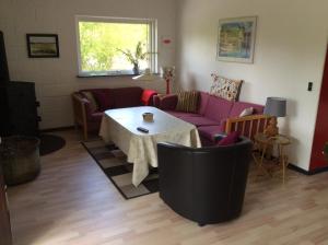 丹讷马勒Hummingen Strand 21的客厅配有紫色沙发和桌子