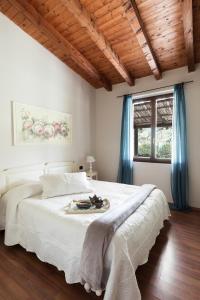 圣温琴佐博德勒拉嘎维农庄的卧室配有一张带蓝色窗帘的大型白色床