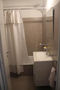 布兰卡港Departamento de la Bahia的浴室配有淋浴帘和盥洗盆。