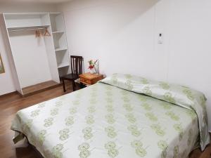 甘博阿Gamboa Apartment Toucan y Studio Ñeque的一间卧室配有一张带绿色和白色棉被的床