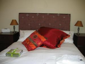 开普敦Malleson Garden Cottage的一张带红色枕头的床和一张绿色盒子