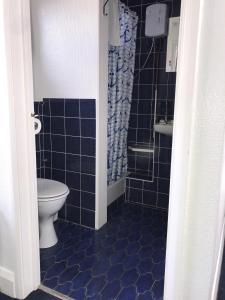 滨海绍森德The Moorings B&B的蓝色瓷砖浴室设有卫生间和淋浴。