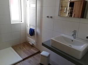 哈尔施塔特豪斯霍尔赫尔塔宾馆的白色的浴室设有水槽和镜子