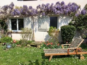 伊尔基希-格拉芬斯塔登Le Rez de Jardin的紫色花卉花园中的木凳