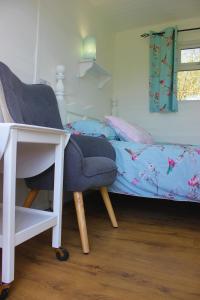 WadhurstHopgarden Glamping Luxury Shepherds Huts的一间卧室配有书桌、椅子和床