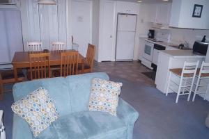 大洋城高点南3楼公寓的一间带蓝色沙发的客厅和一间厨房
