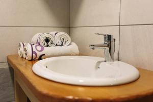 博希尼Holiday house Jereka -Bohinj的浴室内的白色水槽,在台面上配有毛巾