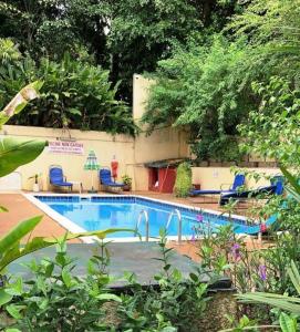 阿比让Résidence Bertille Abidjan Cocody的庭院内的游泳池,带椅子和树木