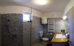 维斯A lovely and cozy room with a breathtaking view的带淋浴、卫生间和盥洗盆的浴室