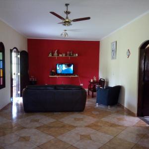 圣伊萨贝尔Sitio do Campo的带沙发和红色墙壁的客厅