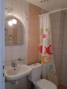 马塔拉尼奥斯马塔拉酒店的浴室配有水槽、卫生间和浴帘