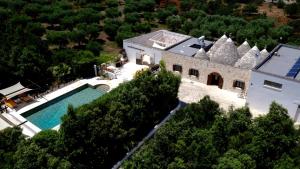 马丁纳弗兰卡Trullo negli Alberi的享有带游泳池的房屋的空中景致