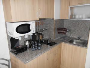 波罗维茨Студио D-41 в Апарт-хотел Боровец Гардънс的厨房柜台配有微波炉和水槽