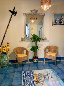 马奥莱Rooms B&B Albergo Riviera的一间设有两把椅子和镜子的房间