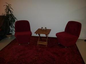 柏林Prof Loft Berlin的两个红色的椅子和一张桌子