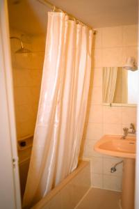 阿斯旺Cleopatra Hotel的浴室配有淋浴帘和盥洗盆。