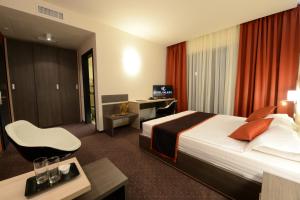 蒂米什瓦拉银河酒店的配有一张床和一张书桌的酒店客房