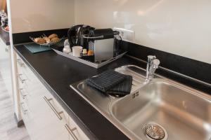 本斯海姆Apartmenthaus Horster的厨房柜台设有水槽和搅拌机